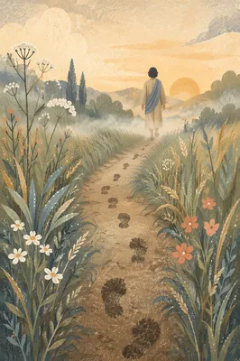 Obedient Footsteps Along Meadow Path at Dawn