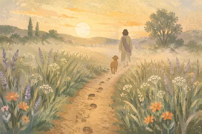 Obedient Footsteps Along Meadow Path at Dawn