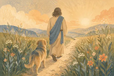 Obedient Dog Following Path Through Meadow