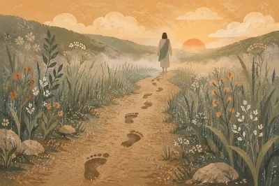 Obedient Footsteps Along Meadow Path at Dawn