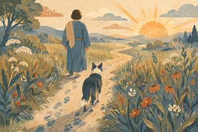 Obedient Dog Following Meadow Path at Sunrise