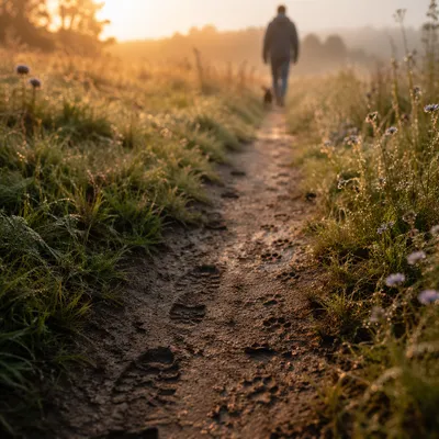 Obedient Footprints on a Sunrise Meadow Path