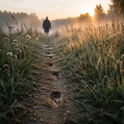 Obedient Footsteps Along Meadow Path at Dawn