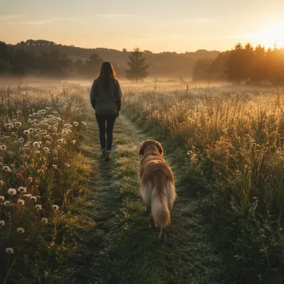 Obedient Dog Following Along Meadow Path