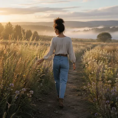 Woman Walking Meadow Path at Sunrise