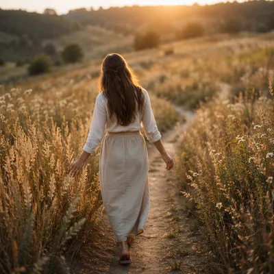 Woman Walking Meadow Path at Sunset