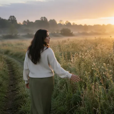 Young Woman Walking Meadow Path at Dawn