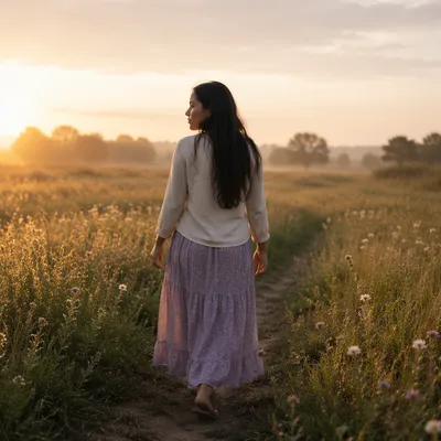 Woman Walking Meadow Path at Dawn