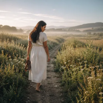 Woman Walking Meadow Path at Dawn