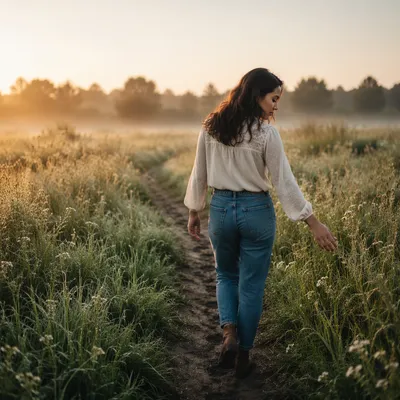 Woman Walking Meadow Path at Sunrise