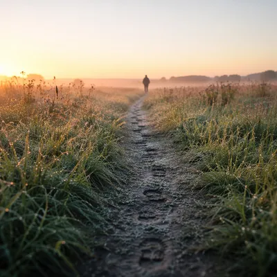 Obedient Footsteps on a Sunrise Meadow Path