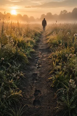 Obedient Footsteps Along Meadow Path at Dawn