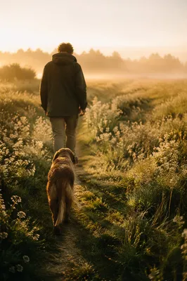 Obedient Dog Following Meadow Path at Sunrise