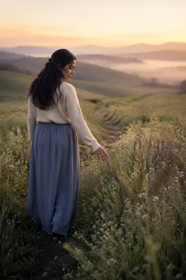 Woman Walking Through Misty Meadow Trail
