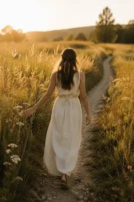 Woman Walking Meadow Path at Sunset