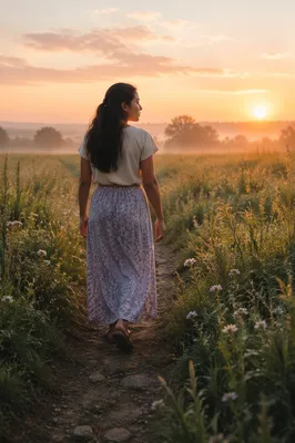 Woman Walking Meadow Path at Dawn