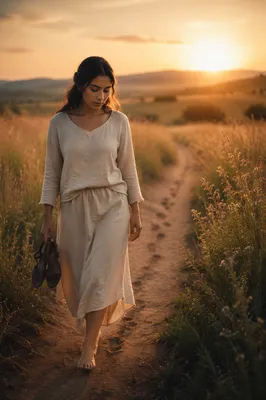 Woman Walking Meadow Path at Sunrise