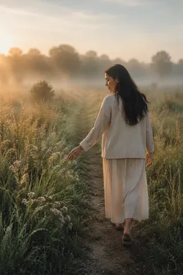 Woman Walking Meadow Path at Sunrise