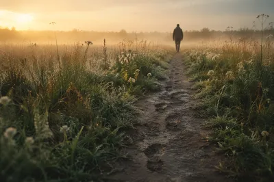 Obedient Footsteps on Meadow Path at Dawn