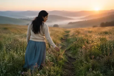 Young Woman Walking Through Misty Meadow