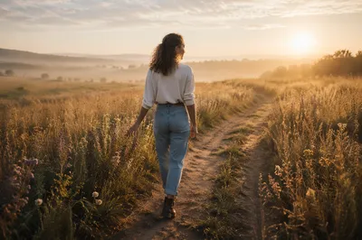 Woman Walking Meadow Path at Sunrise