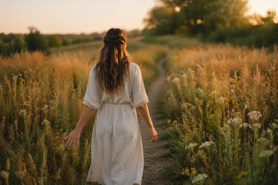 Woman Walking Meadow Path at Sunset