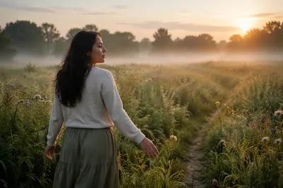 Woman Following Path Through Morning Meadow