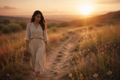 Woman Walking Meadow Path at Sunrise