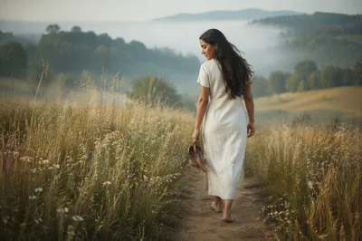 Woman Walking Meadow Path at Dawn