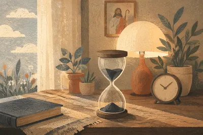 Patient Devotion with Hourglass in Morning Light
