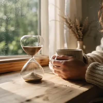 Patient Morning with Hourglass and Warm Mug
