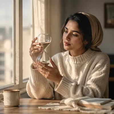 Young Woman Holding Hourglass by Window
