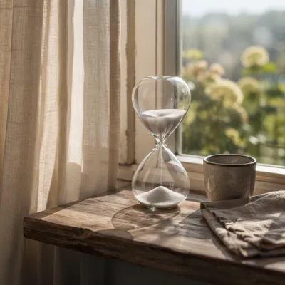 Hourglass on Sunlit Wooden Windowsill