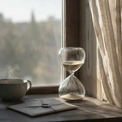 Hourglass and Tea on Sunlit Windowsill