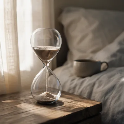 Glass Hourglass on Sunlit Bedside Table