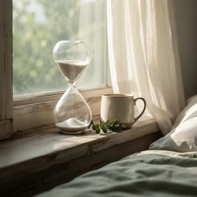Hourglass on Sunlit Wooden Windowsill
