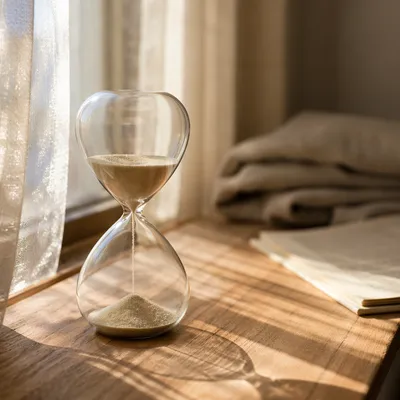Glass Hourglass on Wooden Windowsill at Dawn