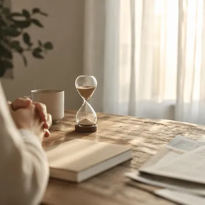 Patient Reflection with Hourglass in Morning Light