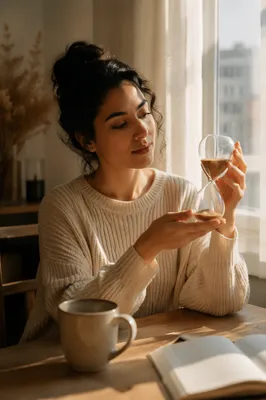 Young Woman Holding Hourglass by Window