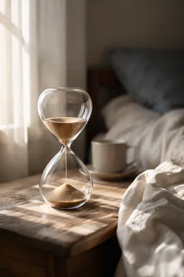 Glass Hourglass on Sunlit Bedside Table