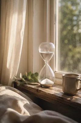 Hourglass on Sunlit Wooden Windowsill