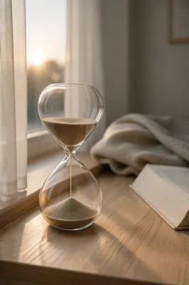Glass Hourglass on Wooden Windowsill at Dawn