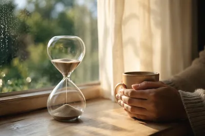 Patient Morning Reflection with Hourglass