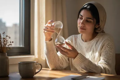 Young Woman Holding Hourglass by Window