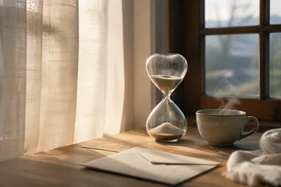 Hourglass and Tea on Sunlit Windowsill