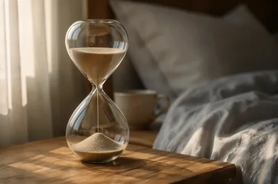 Glass Hourglass on Sunlit Bedside Table