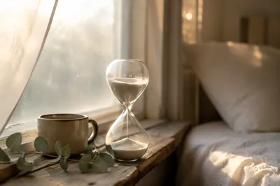 Hourglass on Sunlit Wooden Windowsill