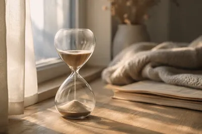 Glass Hourglass on Wooden Windowsill at Dawn