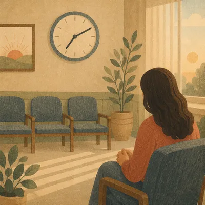 Quiet Waiting Room with Clock at Dawn