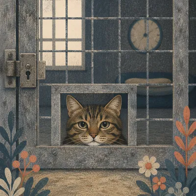 Patient Tabby Cat Behind Shelter Gate